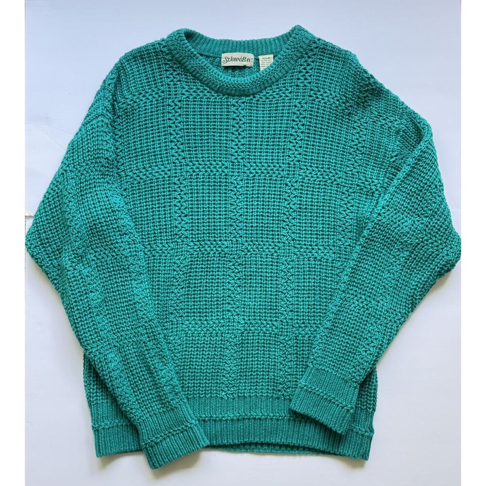 Vintage St. John’s Bay Men’s L Textured Knit Sweater Teal Cotton Blend Retro EUC